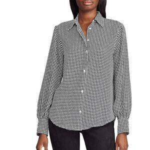 Chaps Women's Black and White Houndstooth Print Button Down Blouse Small